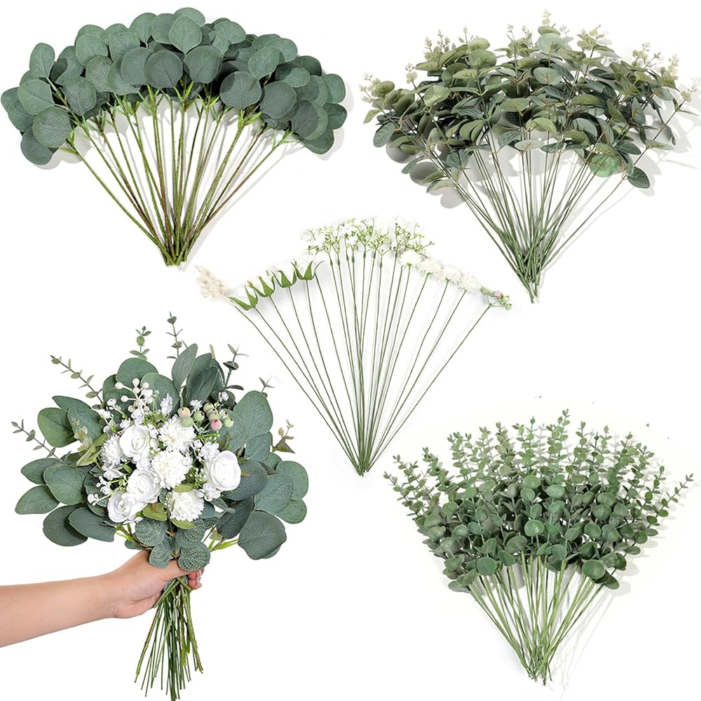 110-Piece Assorted Synthetic Eucalyptus Stems and Fake Flowers – Practical Silver Greenback Eucalyptus Leaves for DIY Bouquets and Floral Preparations