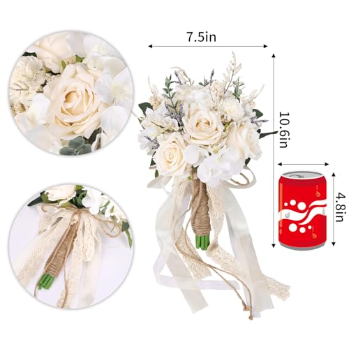 CEWOR Bridal Bouquets for Bride and Bridesmaids, White and Champagne Synthetic Rose Flowers for Marriage ceremony Decor (7.5 inches)