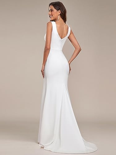 Ever-Fairly Girls's Elegant V-Neck Mermaid Bodycon Wedding ceremony Gown with Slit for Brides in White - Mannequin 0121B