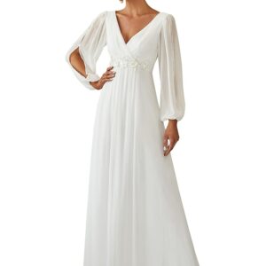 Ever-Fairly Ladies’s V-Neck Lengthy Sleeve Ground-Size Ruched Chiffon Formal Robe 00461