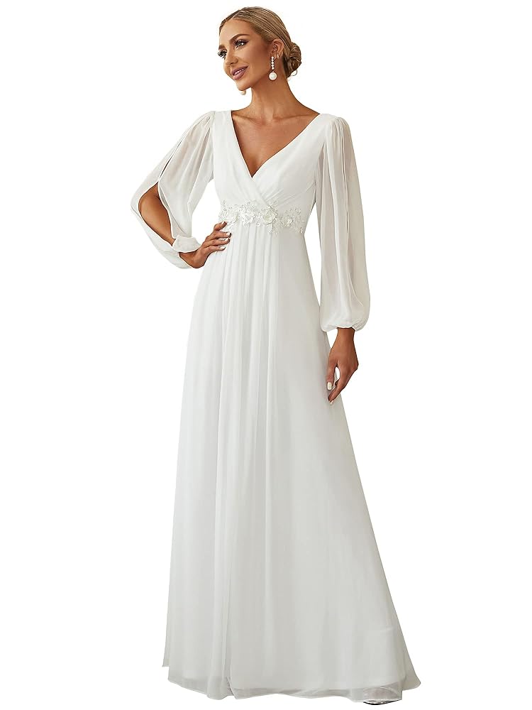 Ever-Fairly Ladies’s V-Neck Lengthy Sleeve Ground-Size Ruched Chiffon Formal Robe 00461