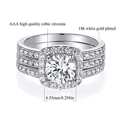 MDFUN Girls's 18K White Gold Plated Cubic Zirconia Three-in-One Halo Engagement, Marriage ceremony, and Promise Eternity Ring