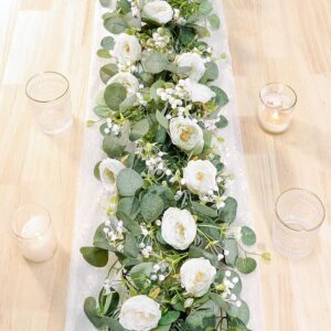 TOCHGREEN 2-Pack 13FT Synthetic Eucalyptus and White Rose Garland – Fake Floral Vines for Marriage ceremony, Residence Events, and Desk Runner Ornament (2 Items, White)